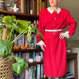 Vintage red long sleeve midi dress with Peter Pan collar & shoulder pads